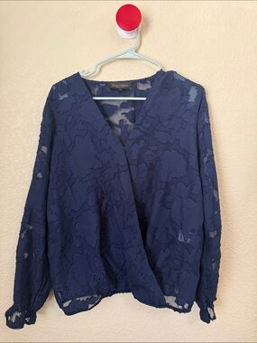 Lace-Overlay Wrap Blouse - Navy